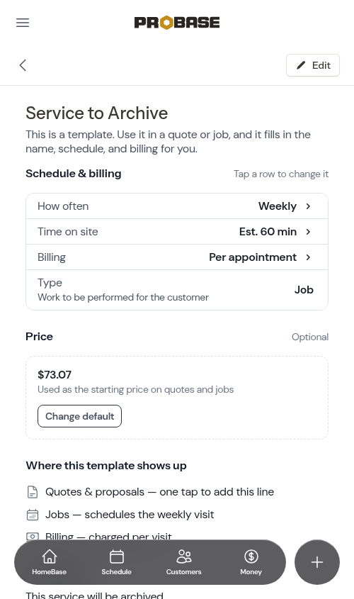 Service show page with the Edit button (no Archive button)