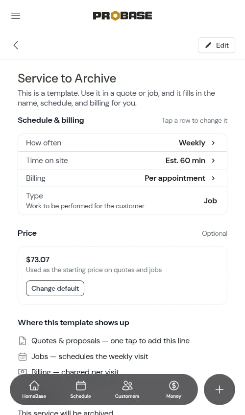 Service show page with the Edit button (no Archive button)