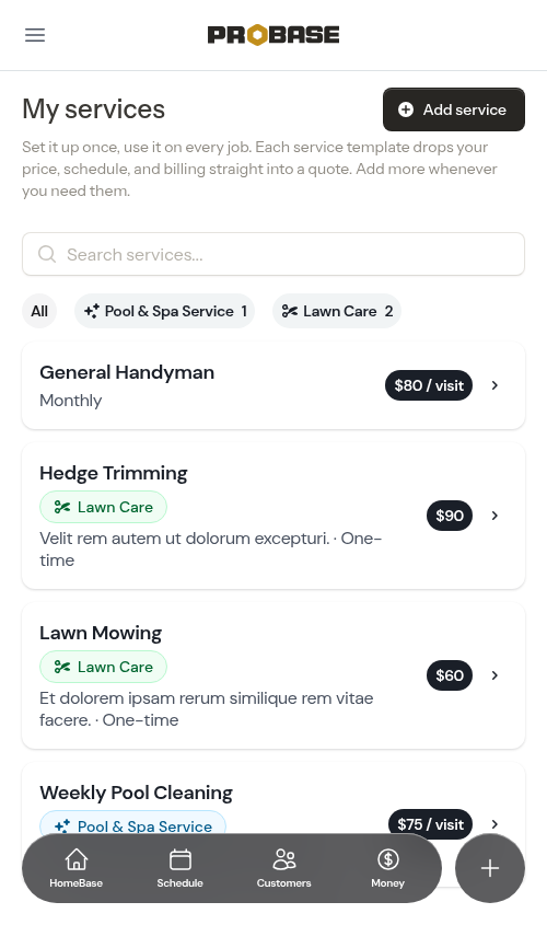 Service catalog with trade chips and filter chips