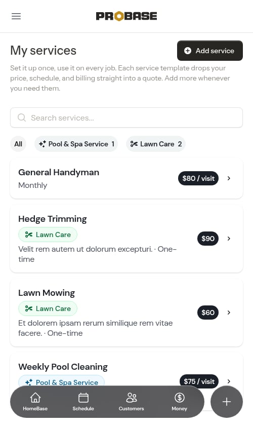Service catalog with trade chips and filter chips