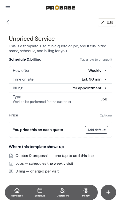 The Price section marked Optional on an unpriced service