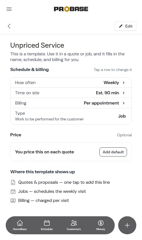 The Price section marked Optional on an unpriced service