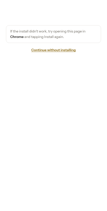 The troubleshooting tip and Continue without installing link revealed after tapping skip for now
