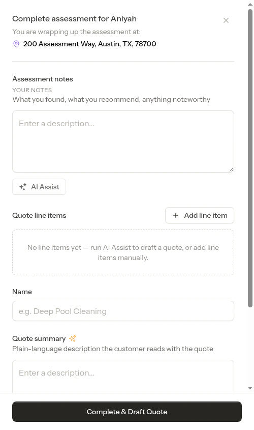 Assessment completion form (empty)
