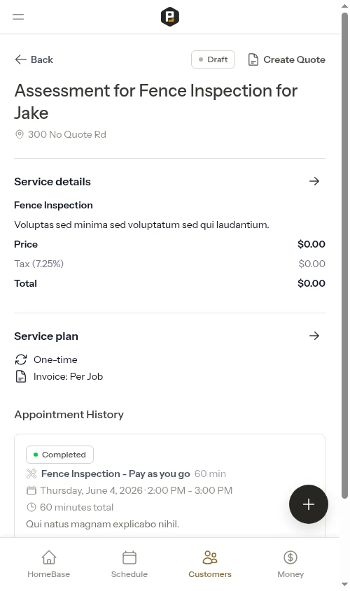 Assessment service page with Create Quote button