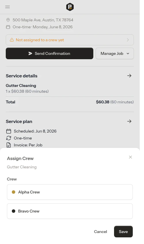 Assign Crew modal open with two crews to choose from
