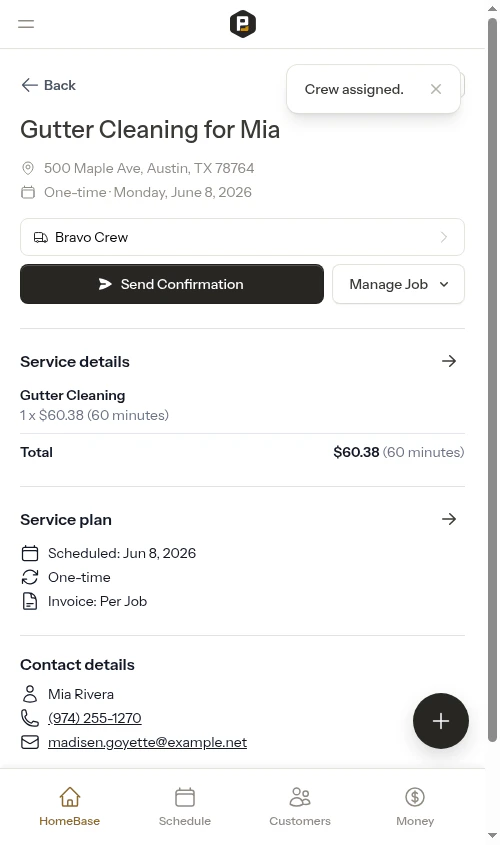 Appointment detail page after assigning a crew