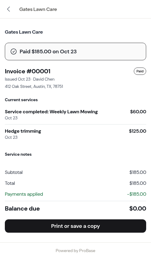 The customer's copy of the same invoice, with no fee