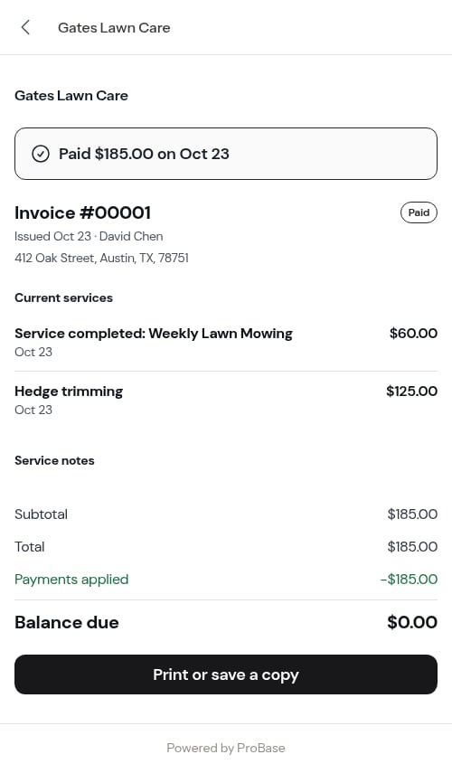 The customer's copy of the same invoice, with no fee
