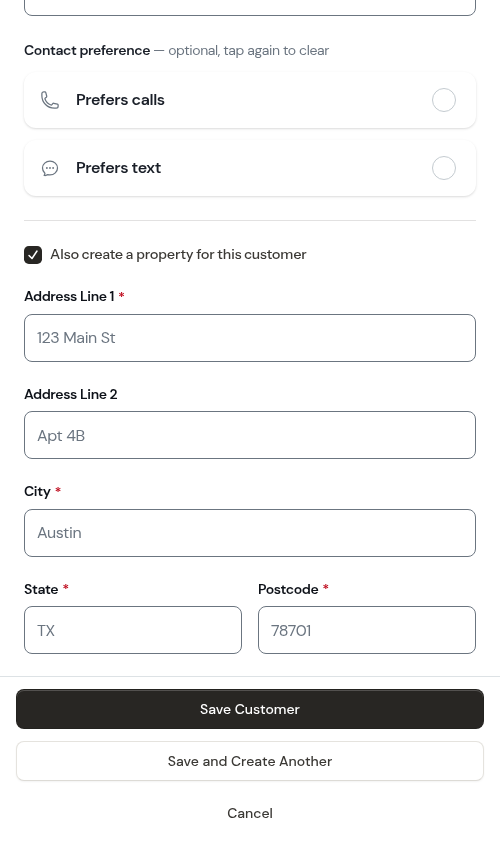 Fresh, empty form ready for the next customer after Save and Create Another