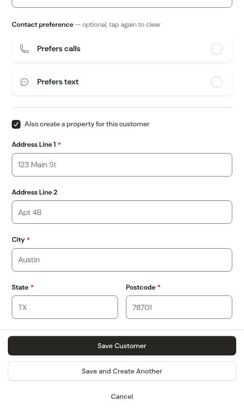 Fresh, empty form ready for the next customer after Save and Create Another