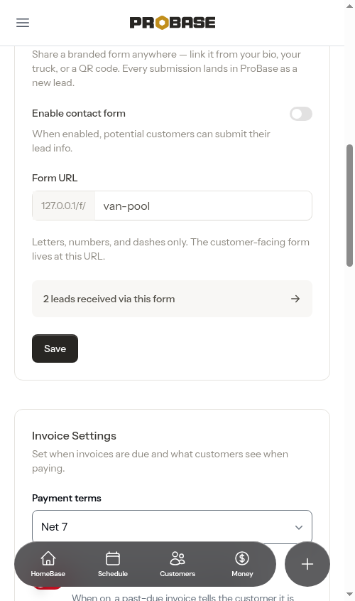 Contact Form section before it has been enabled