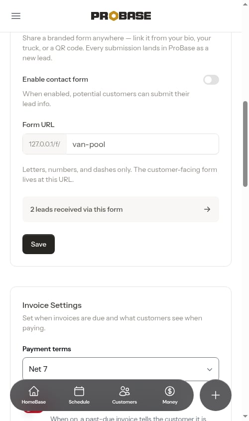 Contact Form section before it has been enabled