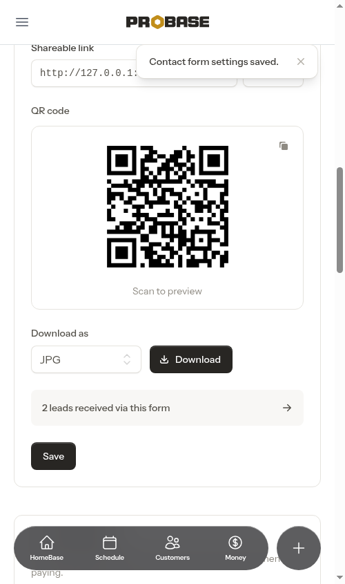 Contact Form settings after saving, showing the shareable link and QR code
