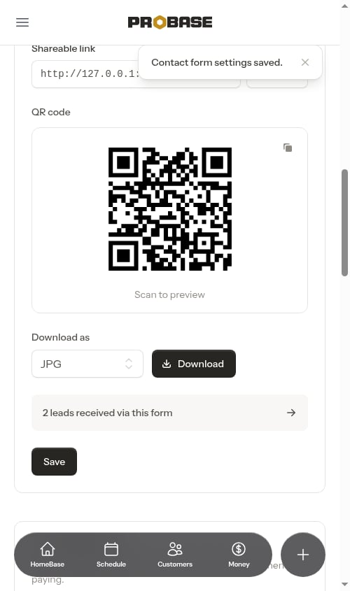 Contact Form settings after saving, showing the shareable link and QR code