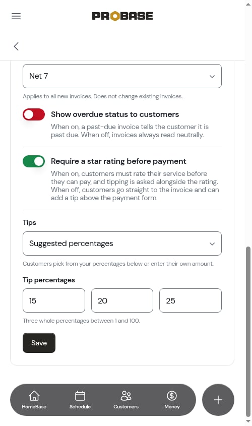 The Show overdue status to customers switch, turned off
