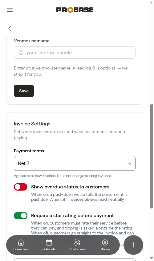 Venmo settings before it's turned on