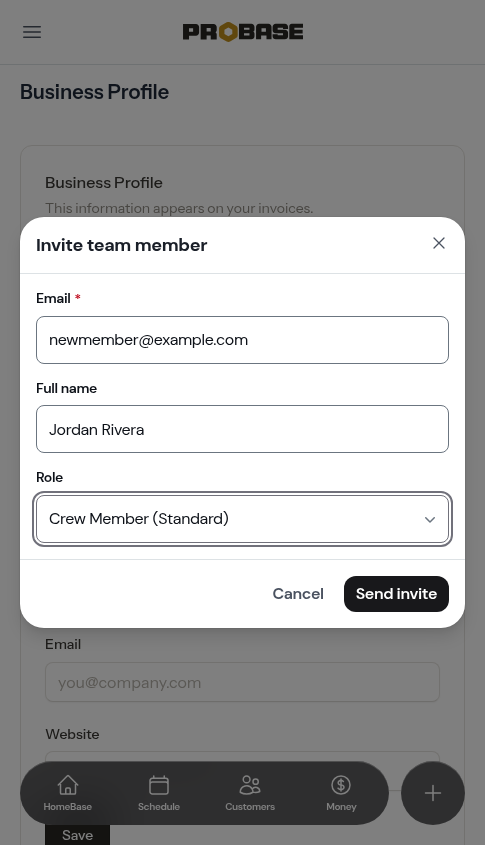 Filling in the invite form