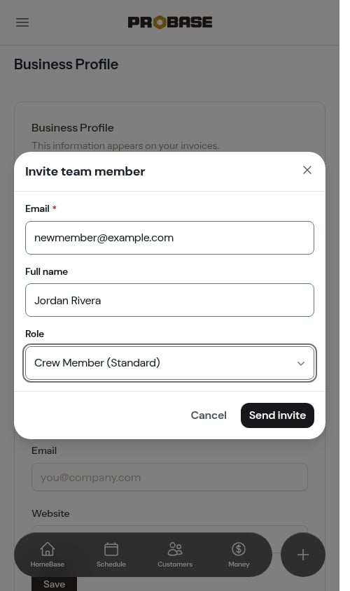 Filling in the invite form