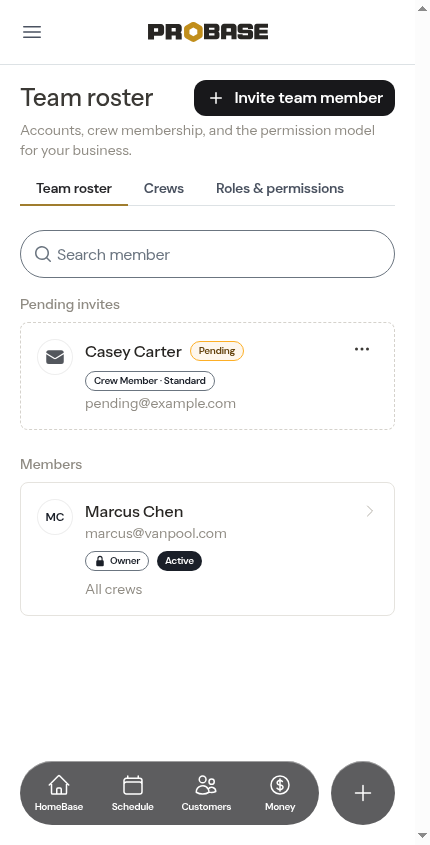 A pending invite card on the roster