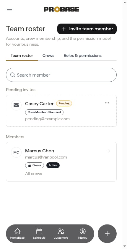 A pending invite card on the roster