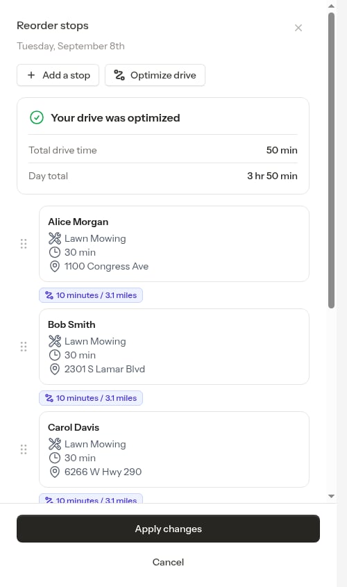 Optimized view with drive time summary