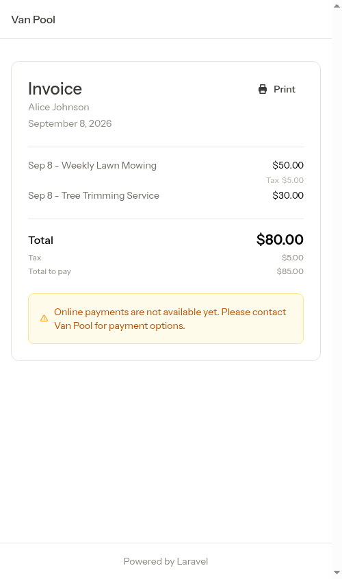 Customer invoice payment page