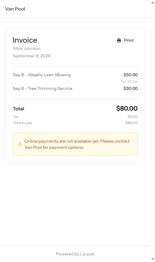 Customer invoice payment page