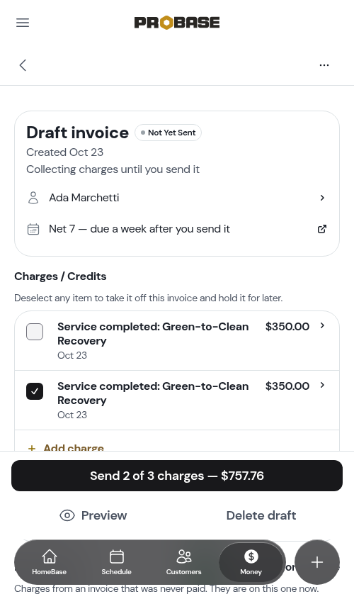 The send button's amount with tax included, after unticking a charge