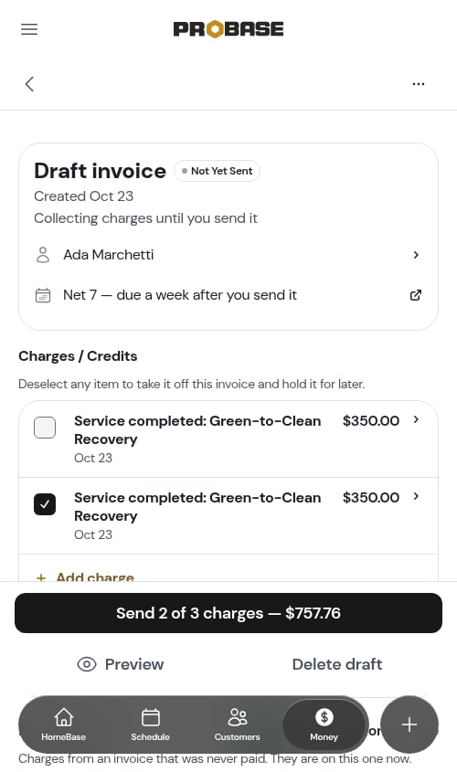 The send button's amount with tax included, after unticking a charge