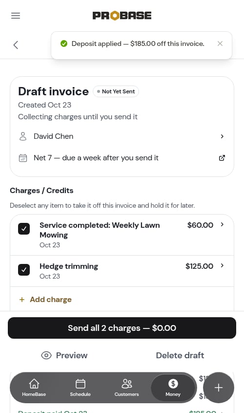 The deposit applied to the invoice