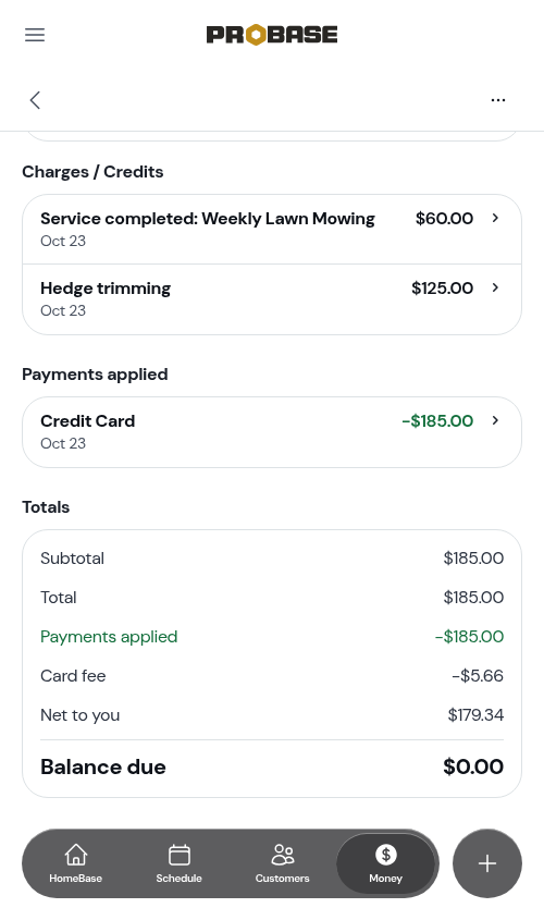 Card fee and Net to you on a paid card invoice
