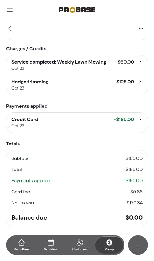Card fee and Net to you on a paid card invoice
