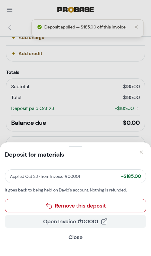 The applied deposit's sheet