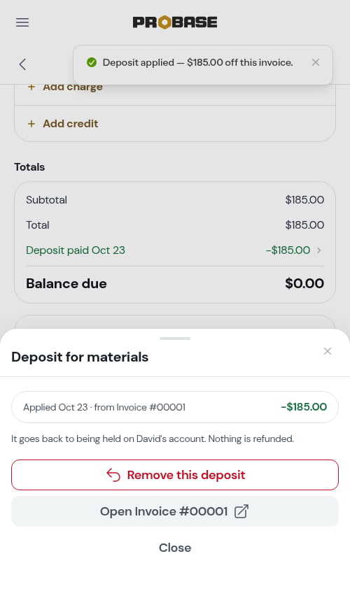 The applied deposit's sheet