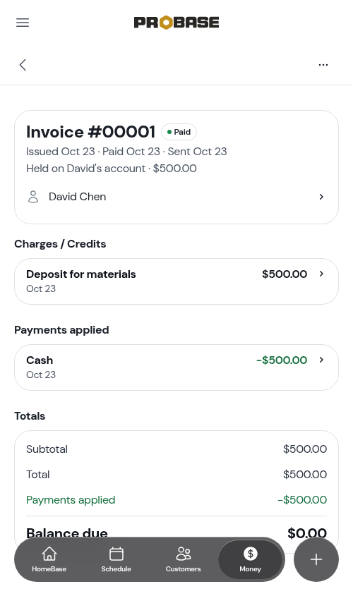 A deposit invoice showing the money is held