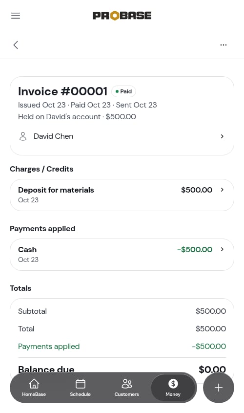A deposit invoice showing the money is held