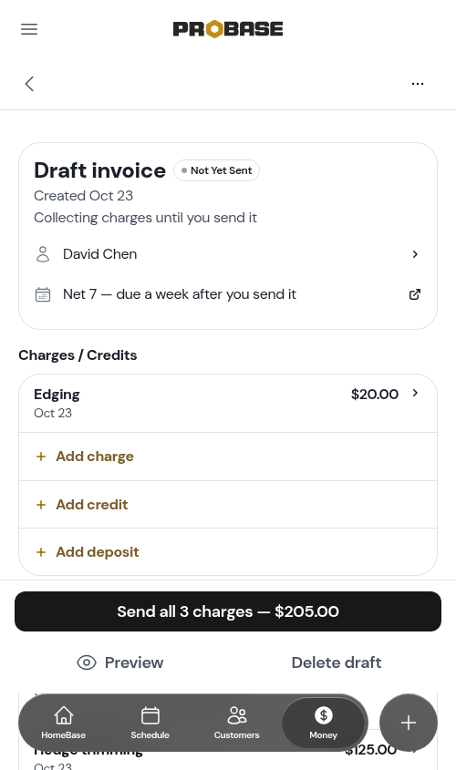 A draft with a prior balance, before the credit