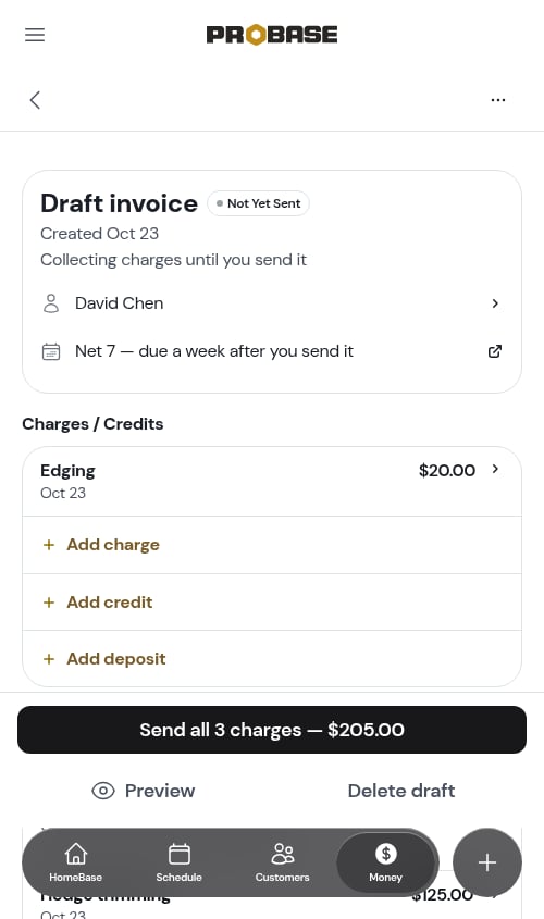 A draft with a prior balance, before the credit