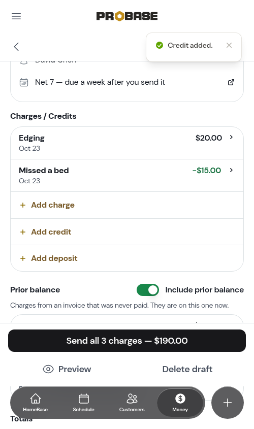 The added credit in the Charges / Credits card