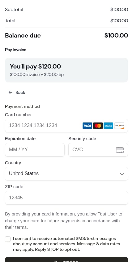 The card form with the pinned Pay this invoice bar