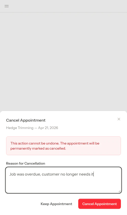 Cancel form with reason selection