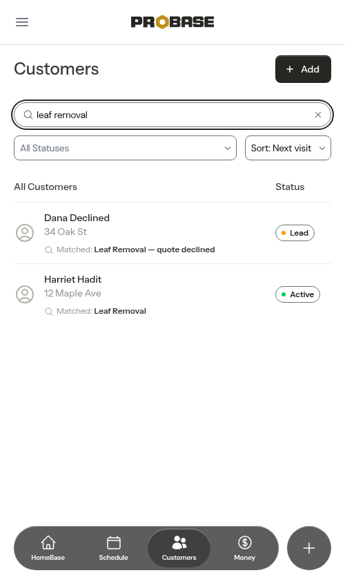 Searching the customer list by service name
