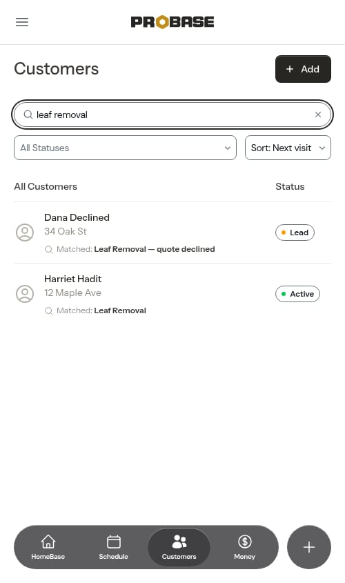 Searching the customer list by service name