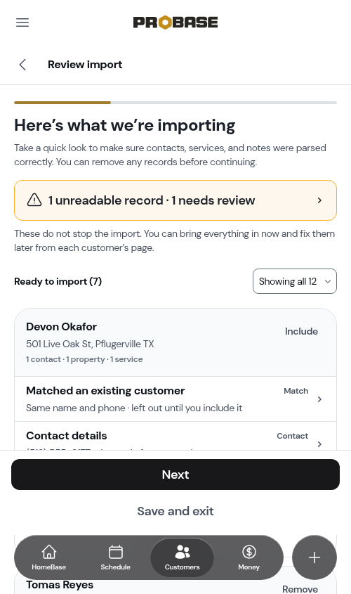 The review screen filtered to records needing review