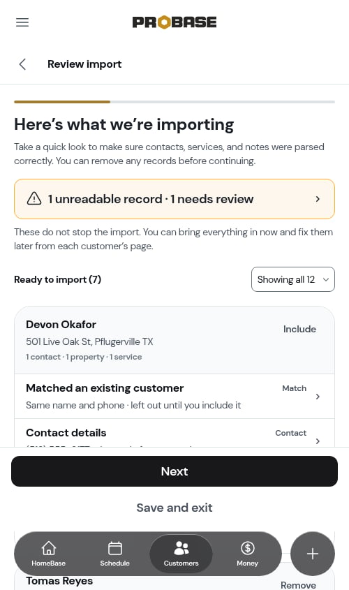 The review screen filtered to records needing review