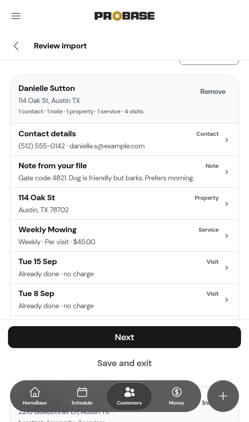 A customer card with its contact, note, property, service, and visits