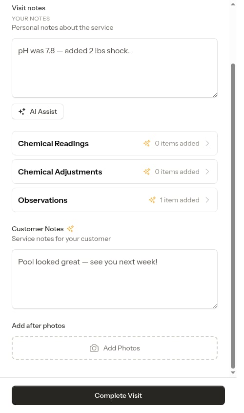 Completion form with autosaved notes and an observation entry