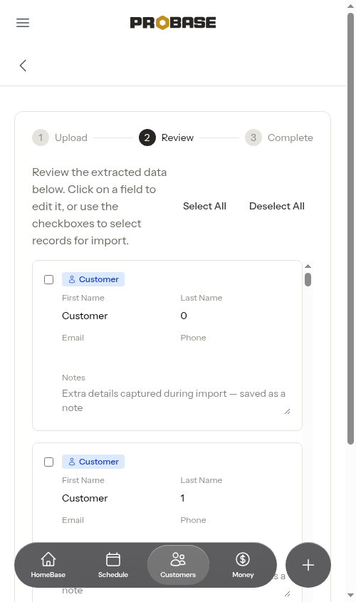 Import review screen, first page