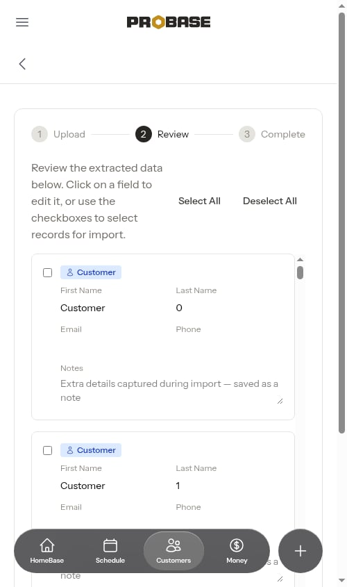 Import review screen, first page